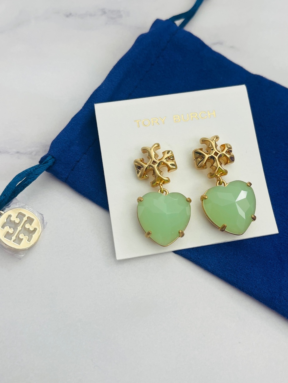 $195 New Authentic Tory Burch Gold Earrings with Jade Looking Heart Stone